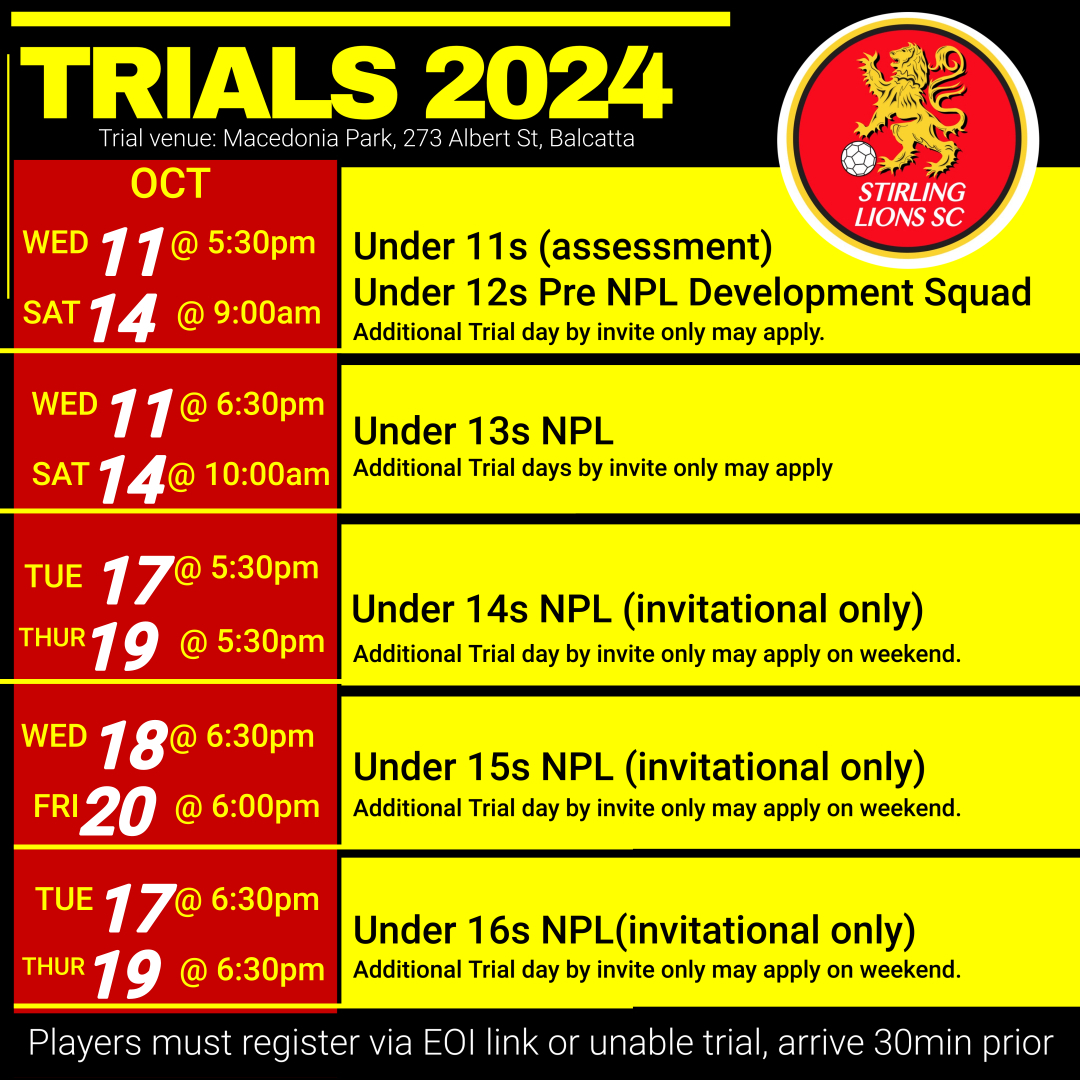 2024 NPL Trials flyer Stirling Lions